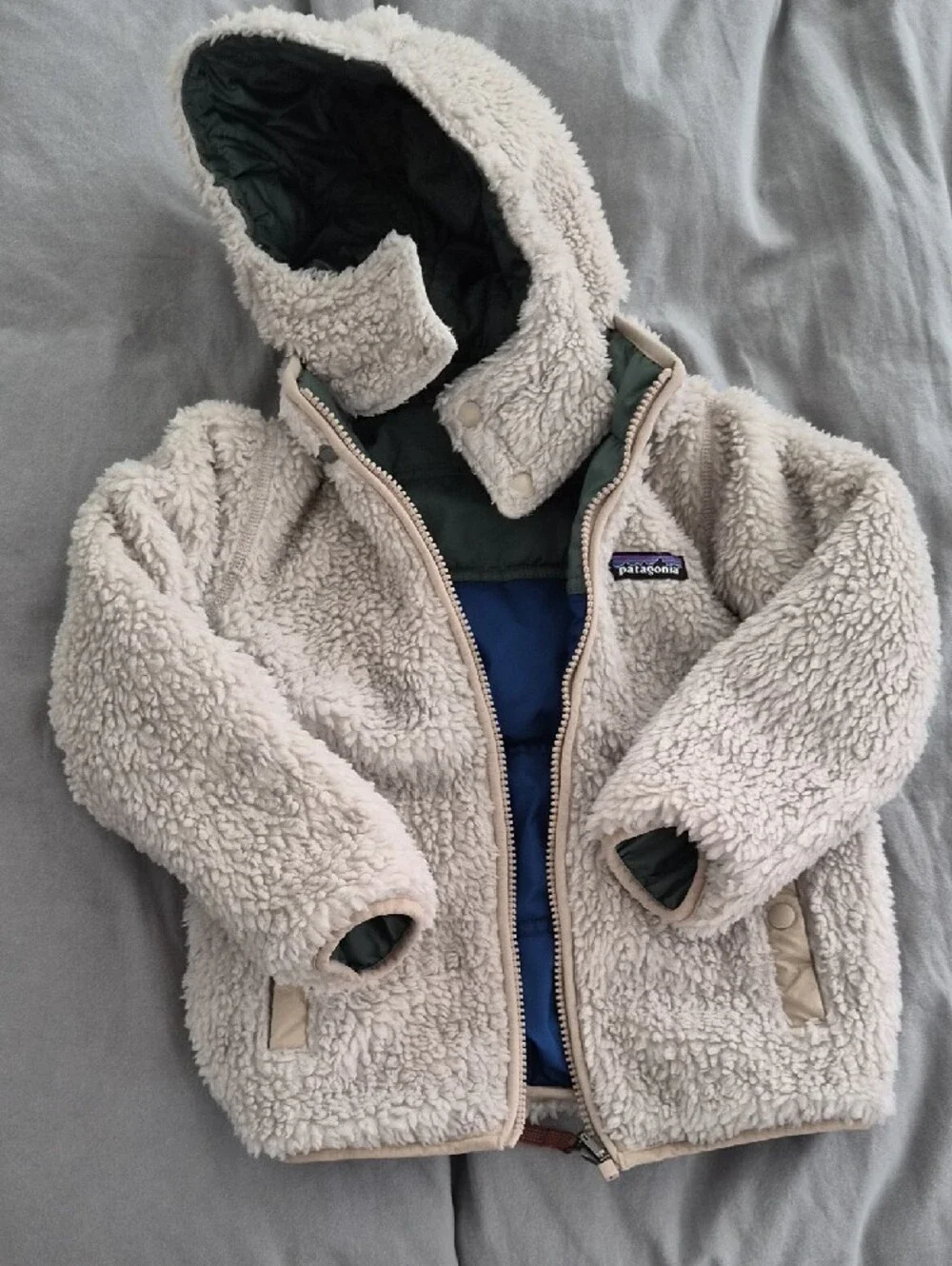 Patagonia Kids Colorblock Hooded Puffer Jacket in Sage Green & Royal Blue